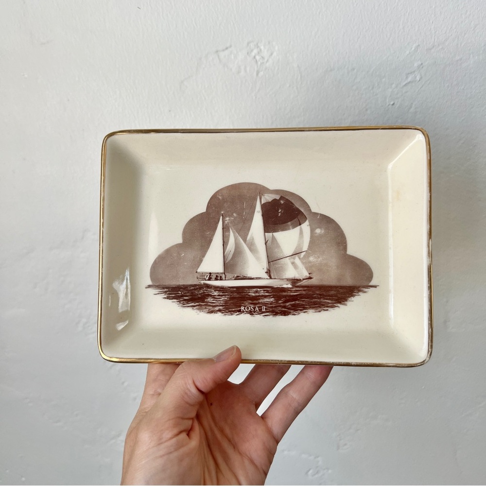 Vintage MCM Sailboat trinket dish decorative plate gilded Delano Studios 1965